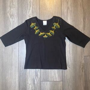 EUC BRIE KRIEBEL Hand Painted Ginko Leaf V Neck Cotton Top Small Shop Art